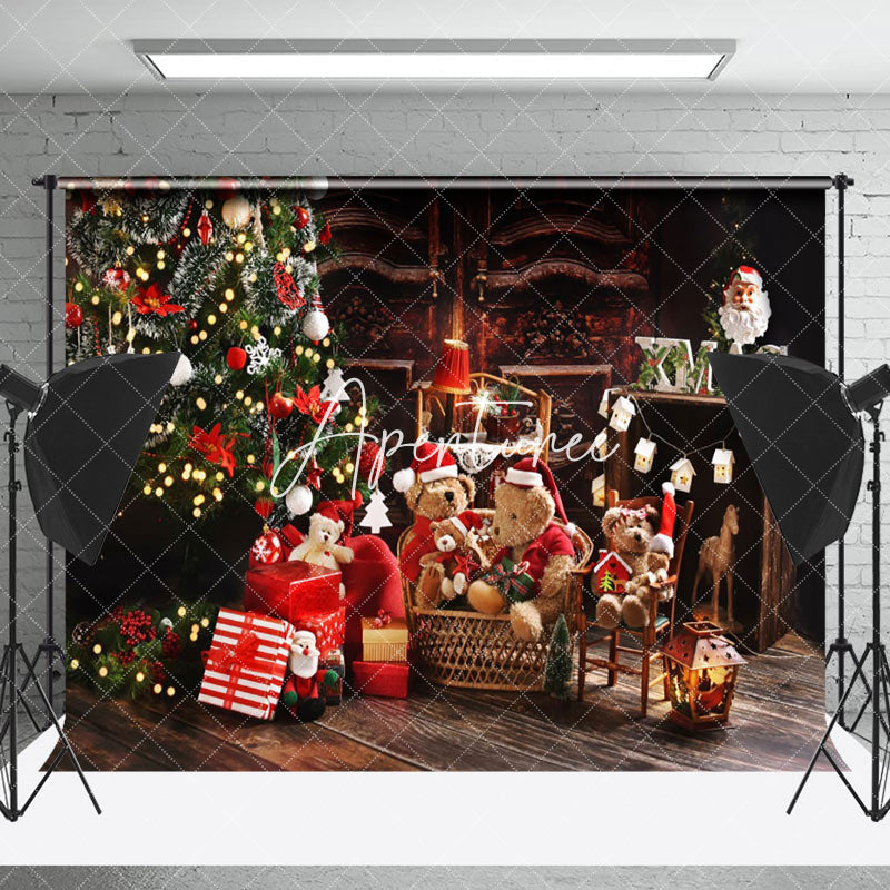 Aperturee - Aperturee Teddy Bear Dark Brown Wooden House Christmas Backdrop