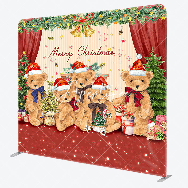 Aperturee - Aperturee Teddy Bear Merry Christmas Tension Fabric Backdrop