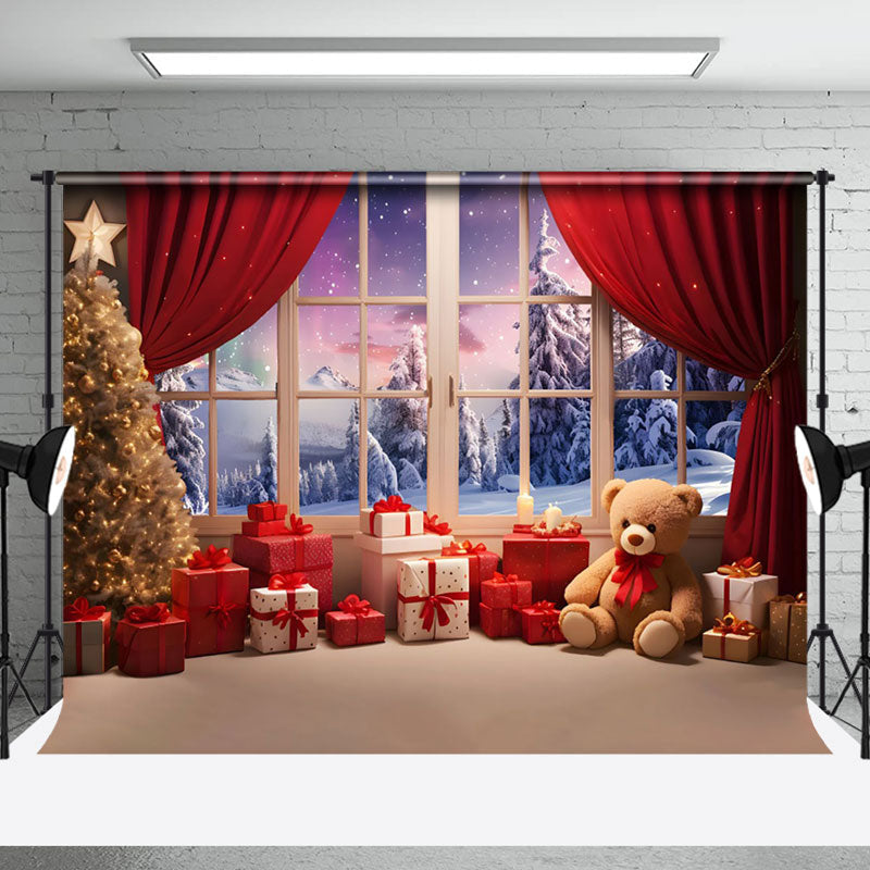 Aperturee - Aperturee Teddy Bear Window Curtain Aurora Christmas Backdrop