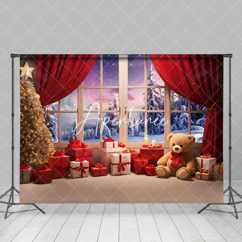 Aperturee - Aperturee Teddy Bear Window Curtain Aurora Christmas Backdrop