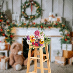 Aperturee - Aperturee Teddy Bear Wood Wall Fireplace Christmas Backdrop