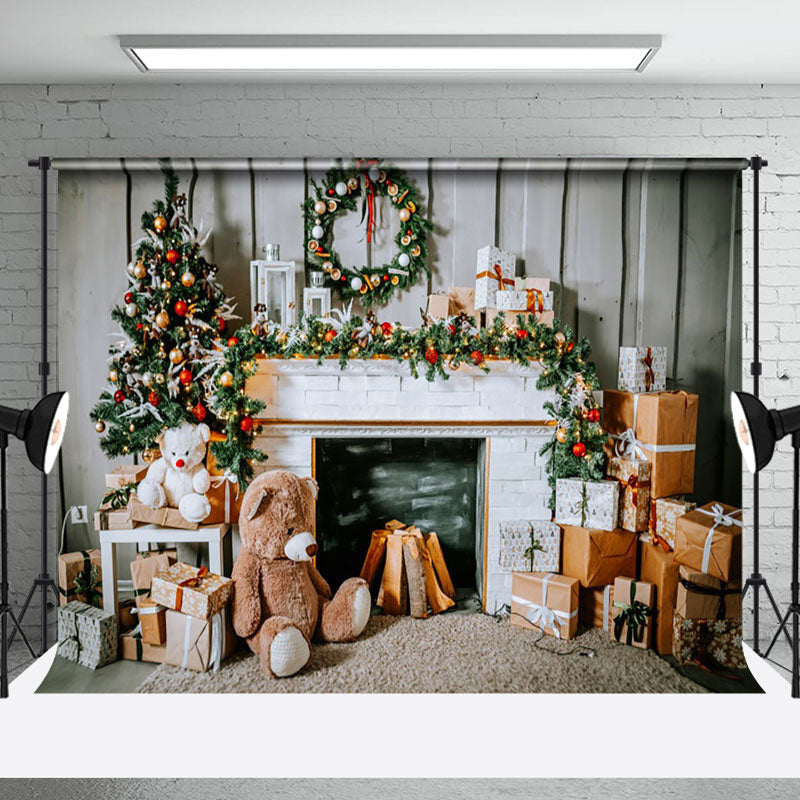 Aperturee - Aperturee Teddy Bear Wood Wall Fireplace Christmas Backdrop