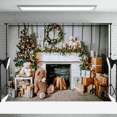 Aperturee - Aperturee Teddy Bear Wood Wall Fireplace Christmas Backdrop