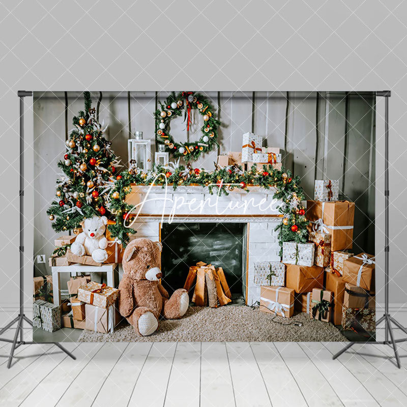 Aperturee - Aperturee Teddy Bear Wood Wall Fireplace Christmas Backdrop