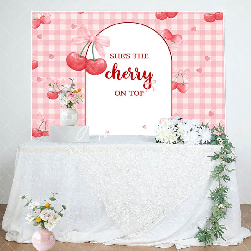 Aperturee - Aperturee The Cherry On Top Pink Plaid Baby Shower Backdrop