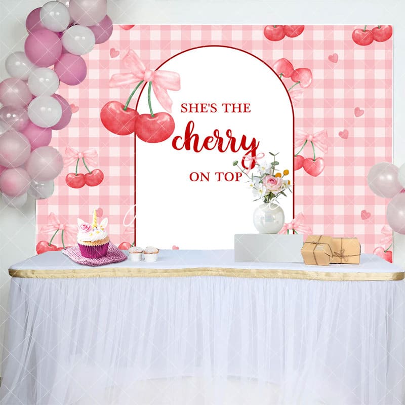 Aperturee - Aperturee The Cherry On Top Pink Plaid Baby Shower Backdrop