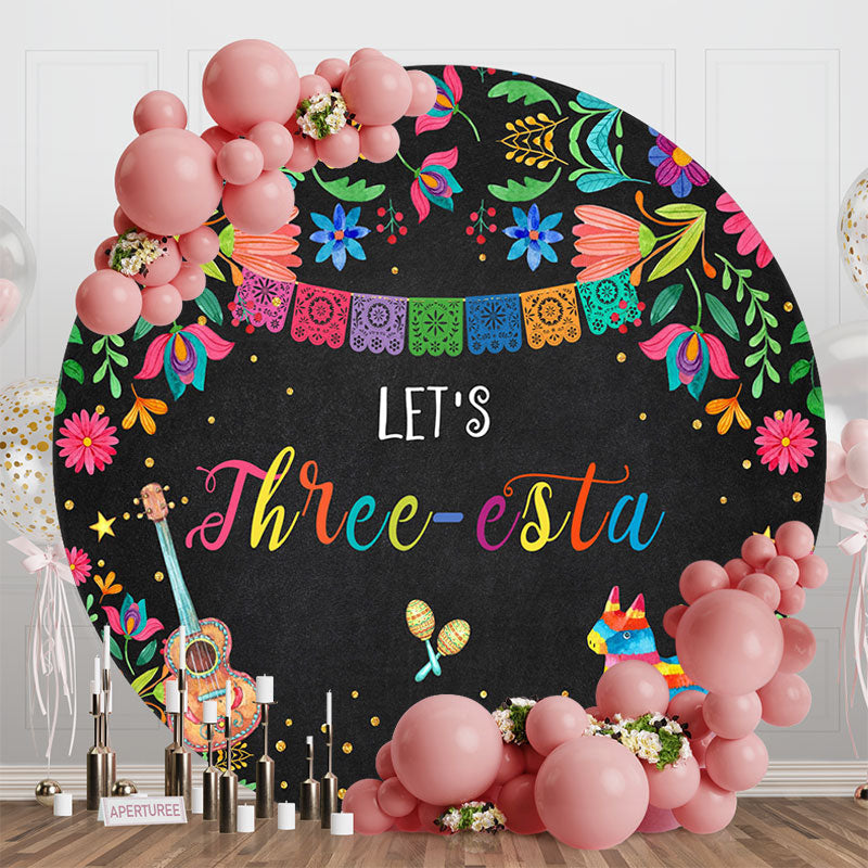 Aperturee - Aperturee Three Esta Colorful Floral Round Birthday Backdrop