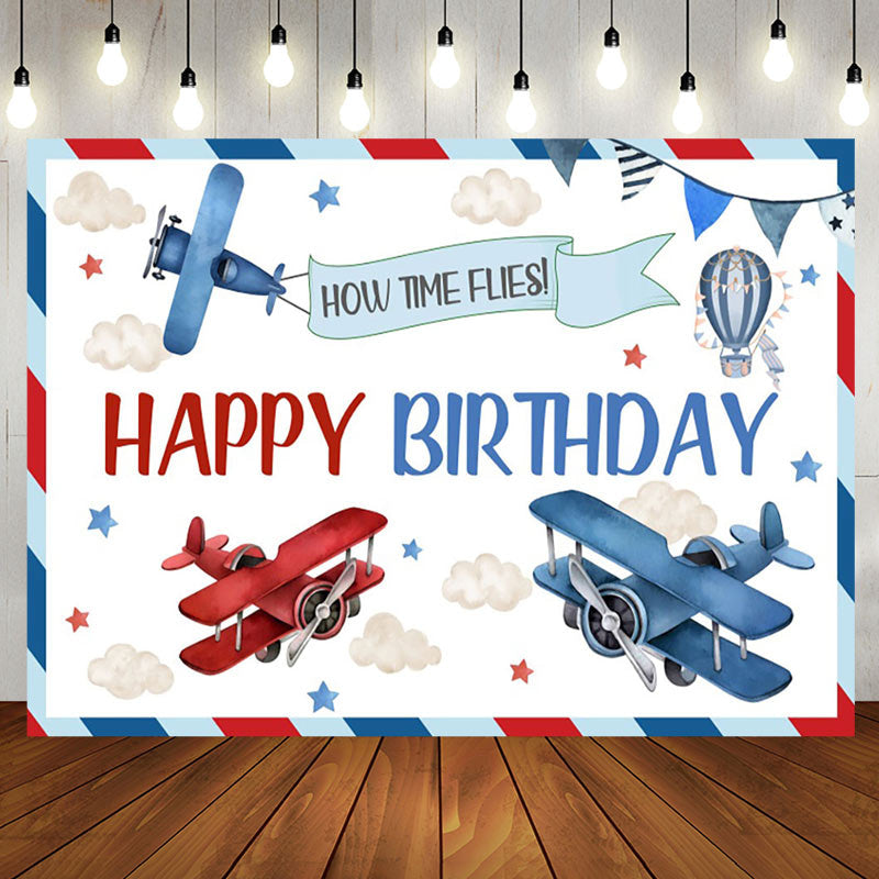 Aperturee - Aperturee Time Flies Airplane Cloud Birthday Backdrop For Boys