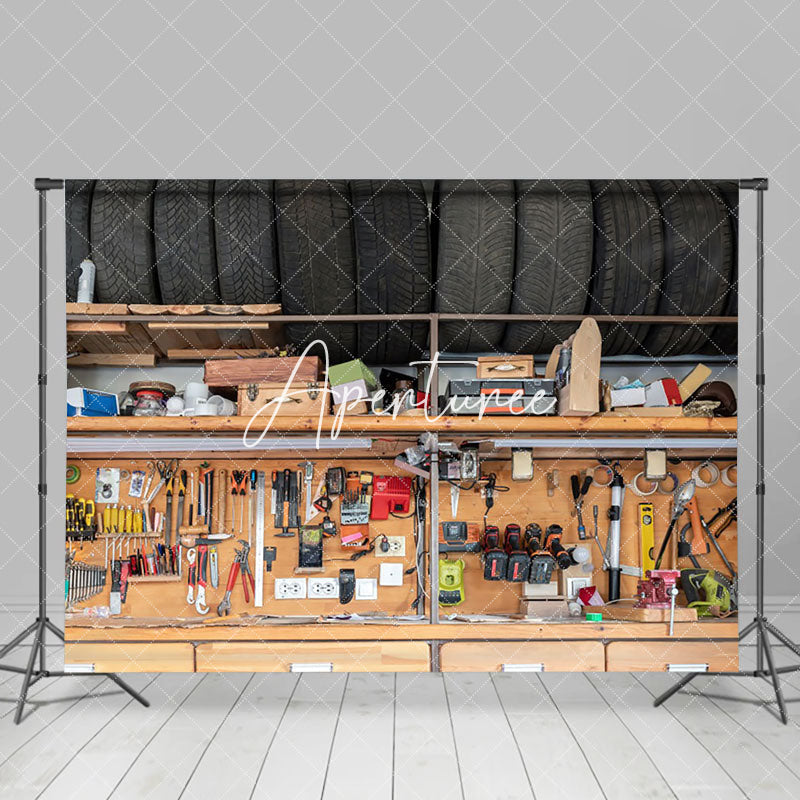 Aperturee - Aperturee Tire Wooden Auto Repair Tools Shelf Photo Backdrop