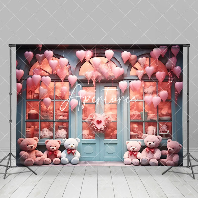 Aperturee - Aperturee Toy Store Bear Pink Hearts Valentines Day Backdrop