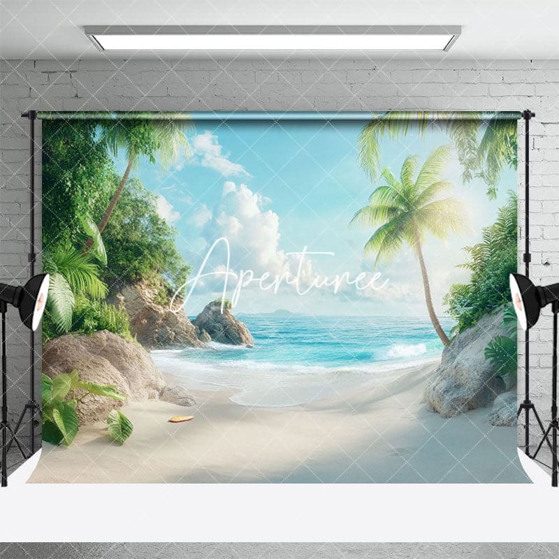 Aperturee - Aperturee Tranquil Beach Scene Palm Trees Blue Sea Backdrop