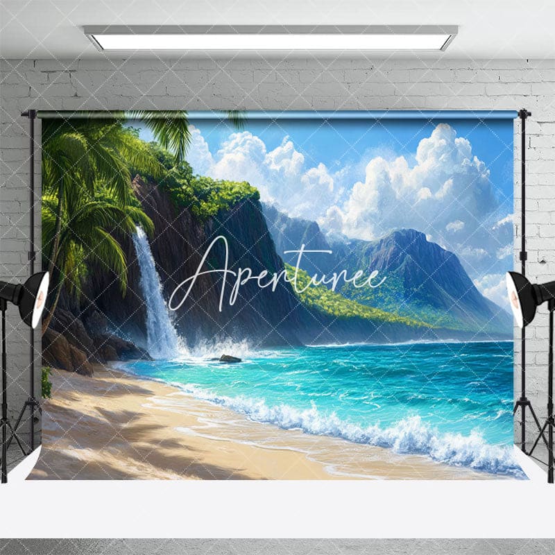 Aperturee - Aperturee Tranquil Beach Scene Waterfall Mountain Backdrop