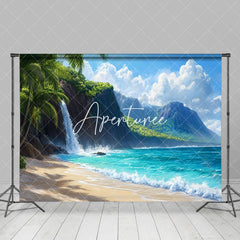 Aperturee - Aperturee Tranquil Beach Scene Waterfall Mountain Backdrop