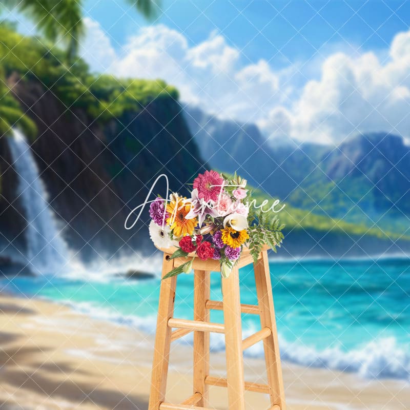 Aperturee - Aperturee Tranquil Beach Scene Waterfall Mountain Backdrop