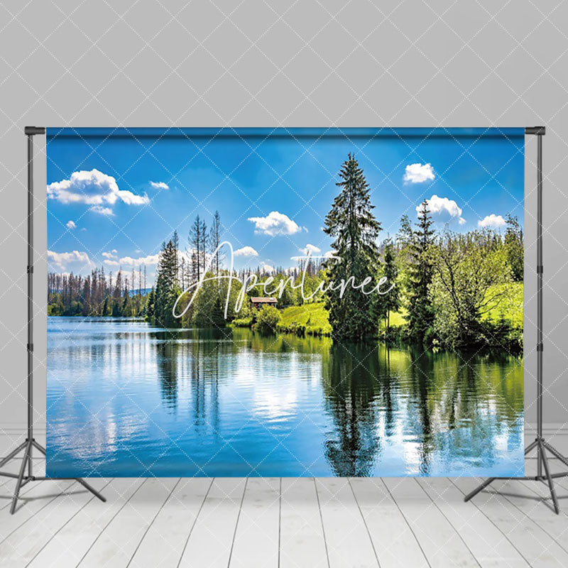 Aperturee - Aperturee Tranquil Lake Lush Forest Country Houses Backdrop