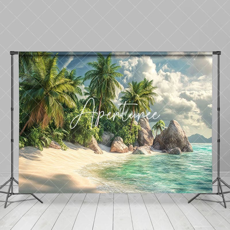 Aperturee - Aperturee Tranquil Tropical Island Beach Scene Rocks Backdrop