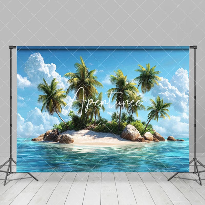 Aperturee - Aperturee Tranquil Tropical Island Scene Palm Trees Backdrop