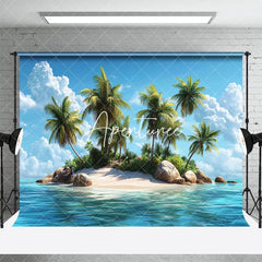 Aperturee - Aperturee Tranquil Tropical Island Scene Palm Trees Backdrop