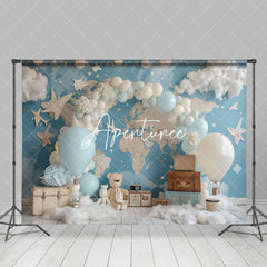 Aperturee - Aperturee Travel Bear Balloons Globe Map Cake Smash Backdrop