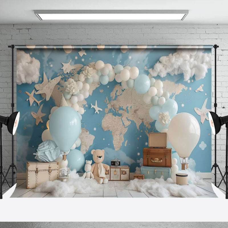 Aperturee - Aperturee Travel Bear Balloons Globe Map Cake Smash Backdrop