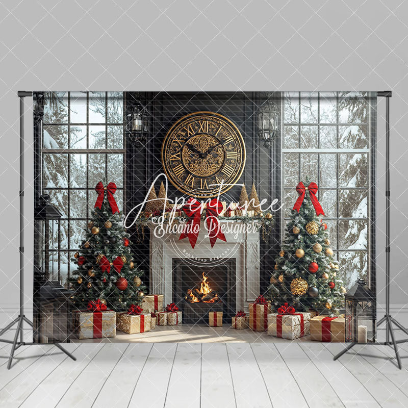 Aperturee - Aperturee Tree Gifts Retro Clock Fireplace Christmas Backdrop