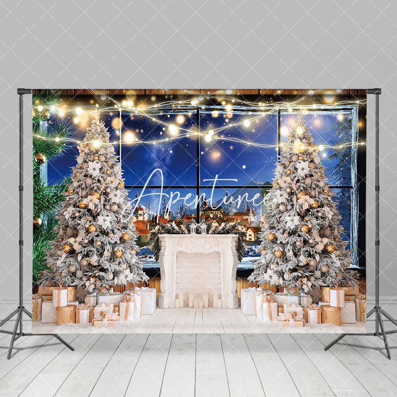 Aperturee - Aperturee Trees Gifts Night Rural Town Window Scene Backdrop