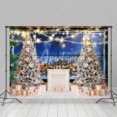 Aperturee - Aperturee Trees Gifts Night Rural Town Window Scene Backdrop