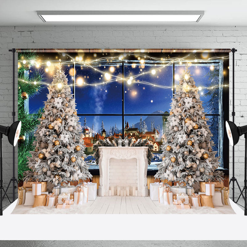 Aperturee - Aperturee Trees Gifts Night Rural Town Window Scene Backdrop