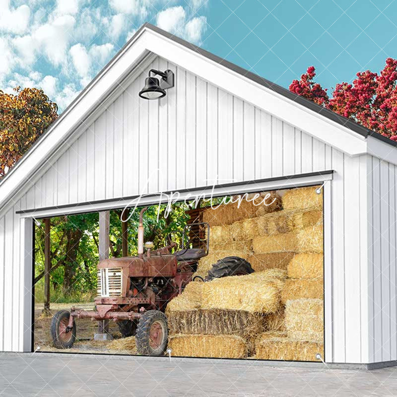 Aperturee - Aperturee Trees Old Tractor Stacks Autumn Garage Door Banner