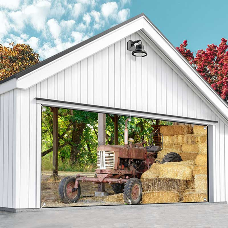 Aperturee - Aperturee Trees Old Tractor Stacks Autumn Garage Door Banner