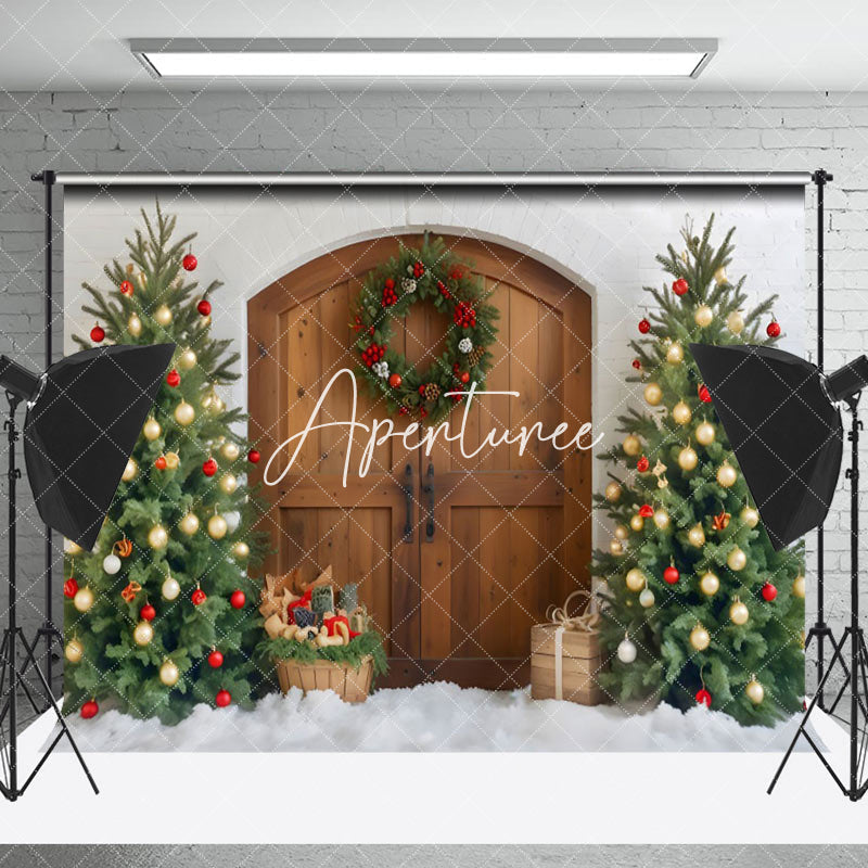 Aperturee - Aperturee Trees Wreath Bells Wooden Door Christmas Backdrop