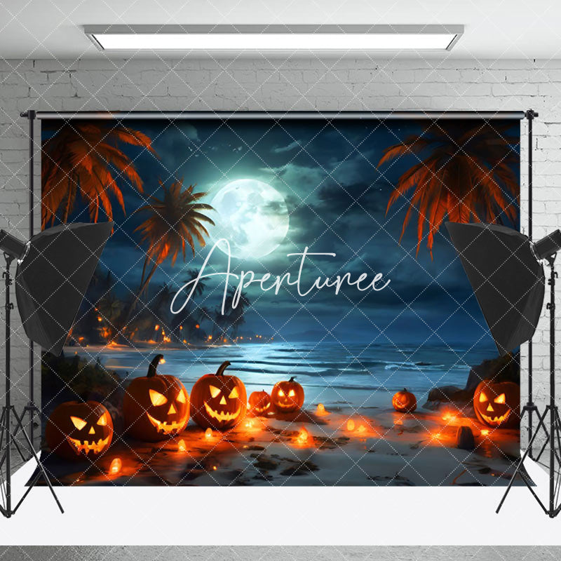 Aperturee - Aperturee Tropical Beach Full Moon Pumpkin Halloween Backdrop