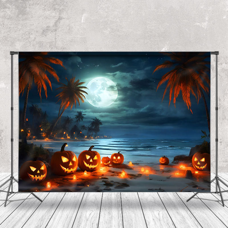 Aperturee - Aperturee Tropical Beach Full Moon Pumpkin Halloween Backdrop