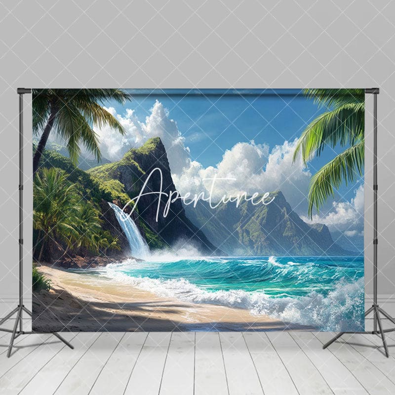 Aperturee - Aperturee Tropical Beach Scene Mountain Waterfall Backdrop