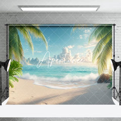 Aperturee - Aperturee Tropical Beach Scene Palm Distant Mountains Backdrop