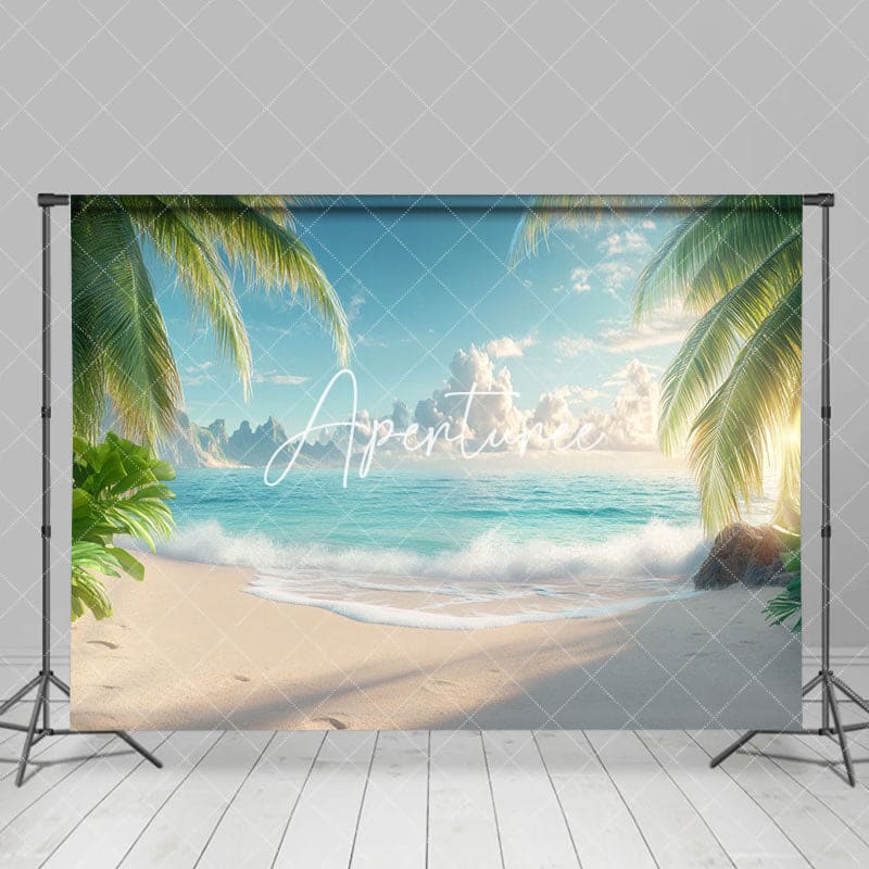 Aperturee - Aperturee Tropical Beach Scene Palm Distant Mountains Backdrop