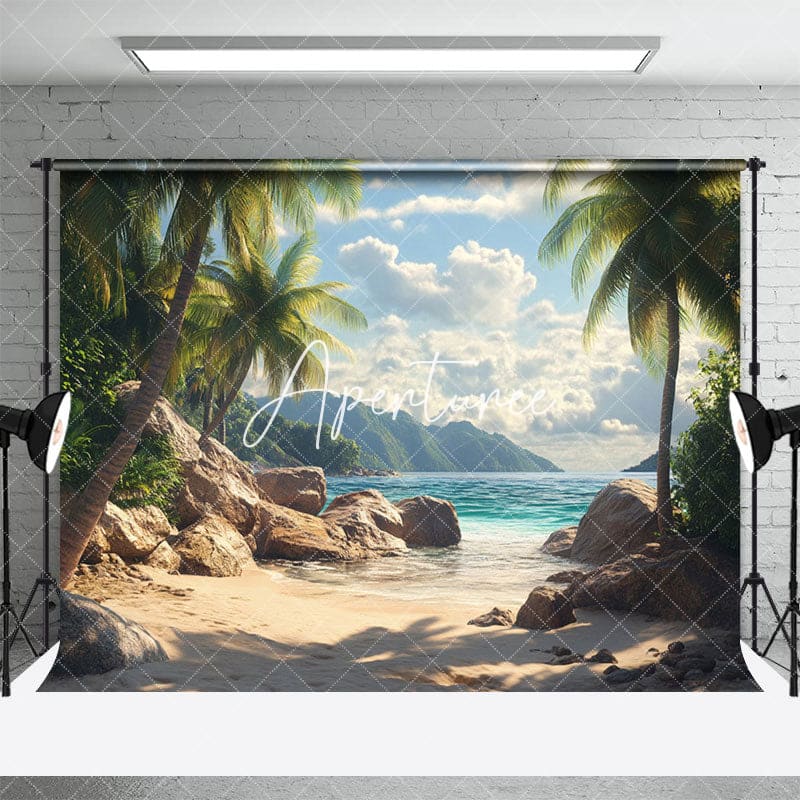 Aperturee - Aperturee Tropical Beach Scene Palm Trees Mountain Backdrop