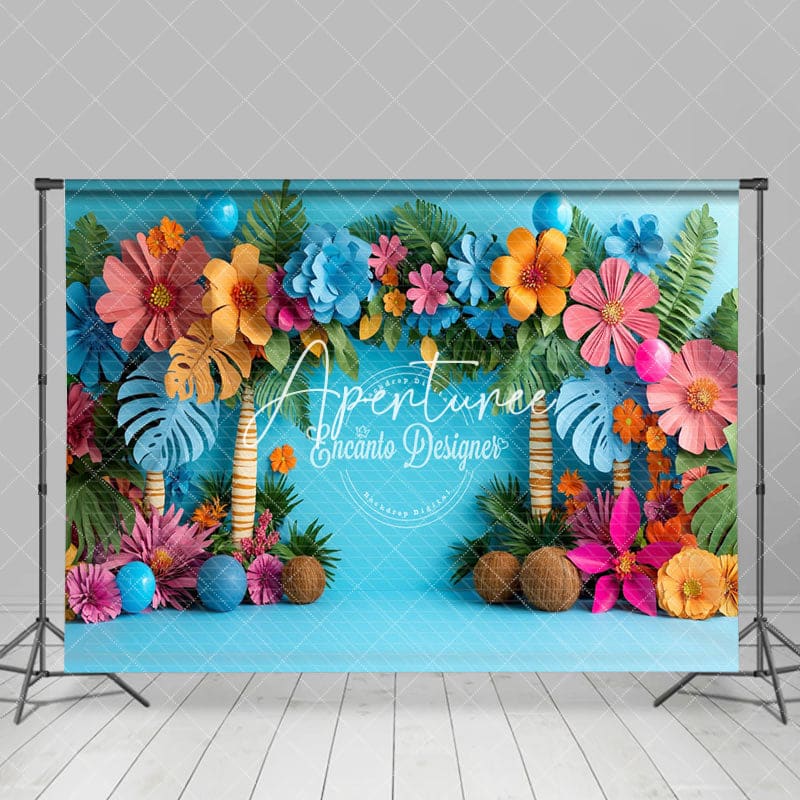 Aperturee - Aperturee Tropical Flowers Blue Summer Backdrop For Photo Studio