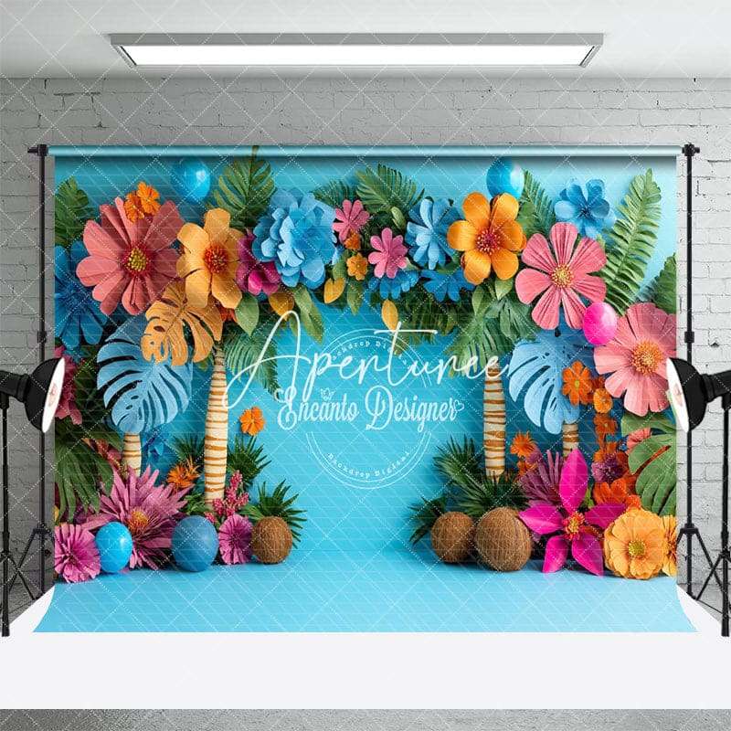 Aperturee - Aperturee Tropical Flowers Blue Summer Backdrop For Photo Studio