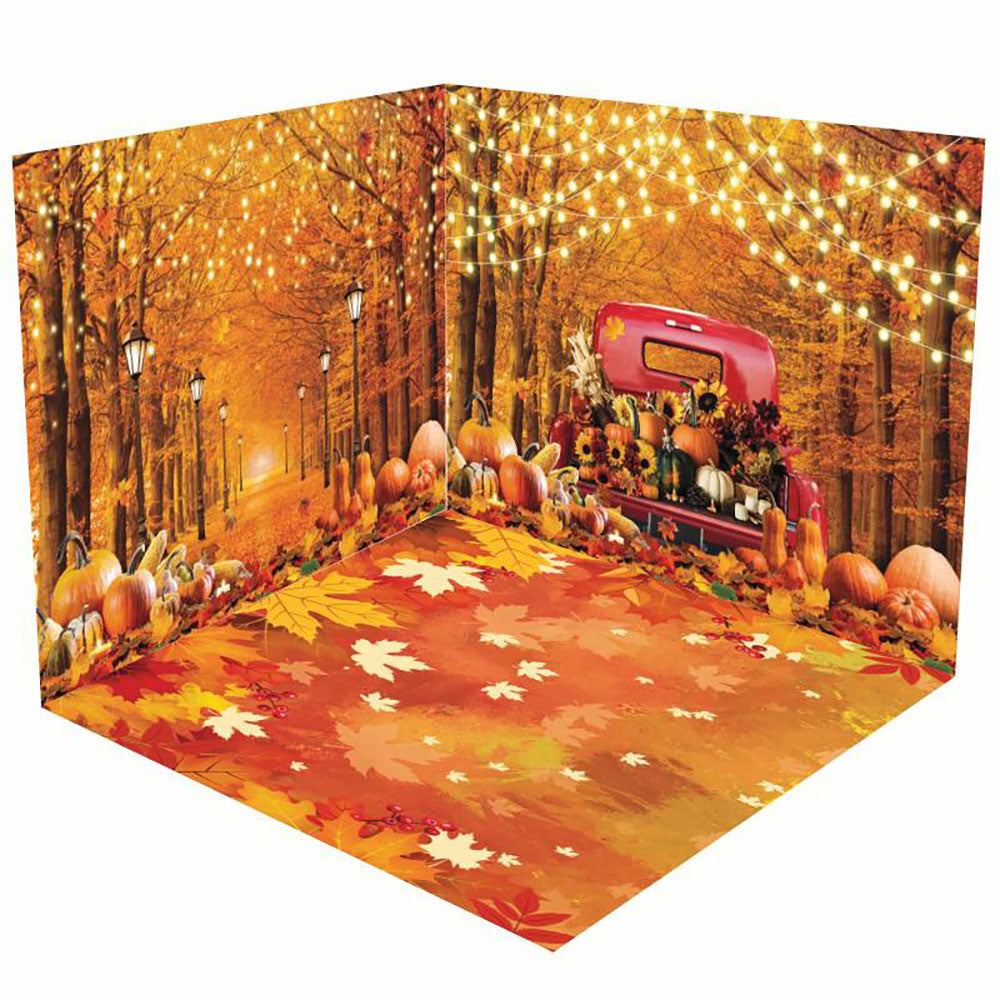 Aperturee - Aperturee Truck Pumpkins Maple Forest Autumn Room Set Backdrop