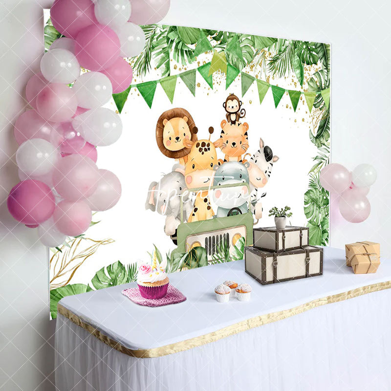 Aperturee - Aperturee Truck Safari Animals Plant Happy Birthday Backdrop