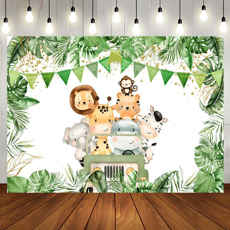 Aperturee - Aperturee Truck Safari Animals Plant Happy Birthday Backdrop