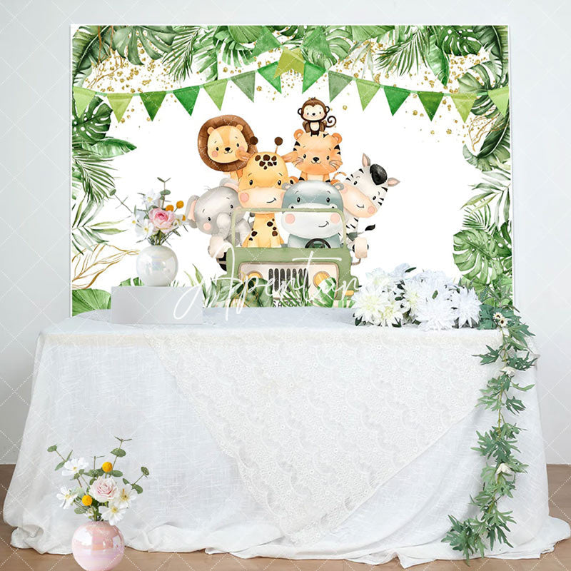 Aperturee - Aperturee Truck Safari Animals Plant Happy Birthday Backdrop