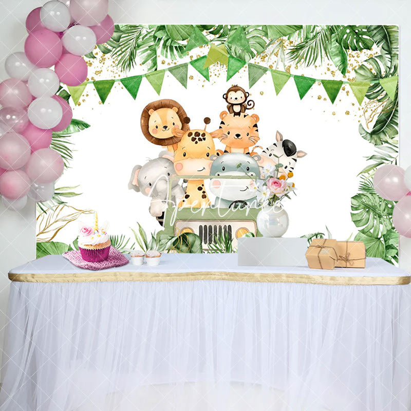 Aperturee - Aperturee Truck Safari Animals Plant Happy Birthday Backdrop