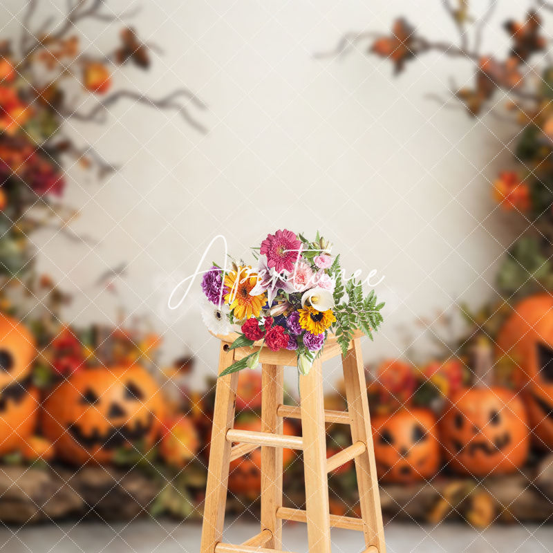 Aperturee - Aperturee Trunk Pumpkin Floral Branch Halloween Photo Backdrop