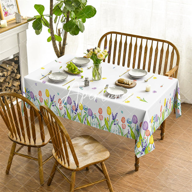 Aperturee - Aperturee Tulip Lavender Watercolor Spring Rectangle Tablecloth