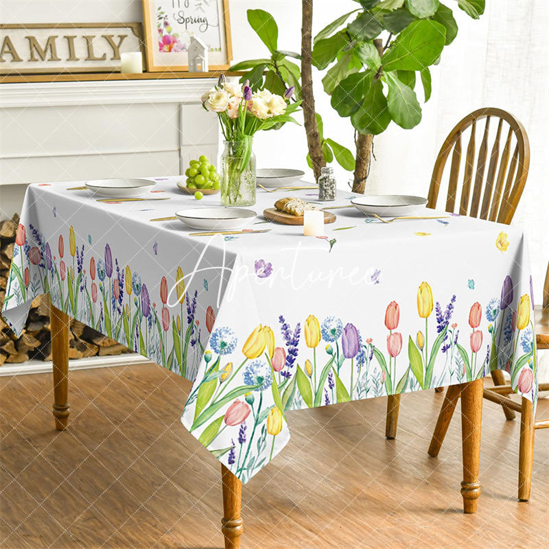 Aperturee - Aperturee Tulip Lavender Watercolor Spring Rectangle Tablecloth