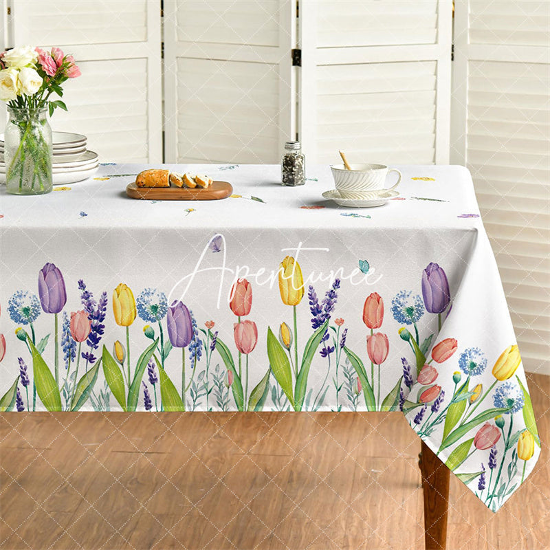 Aperturee - Aperturee Tulip Lavender Watercolor Spring Rectangle Tablecloth