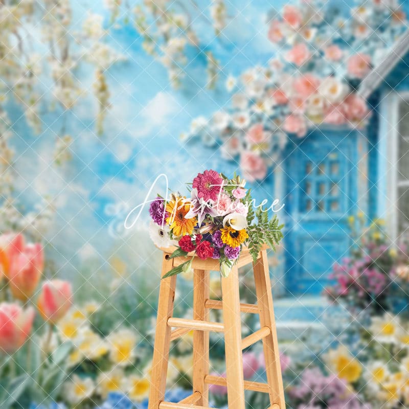 Aperturee - Aperturee Tulip Oil Painting Blue House Floral Spring Backdrop