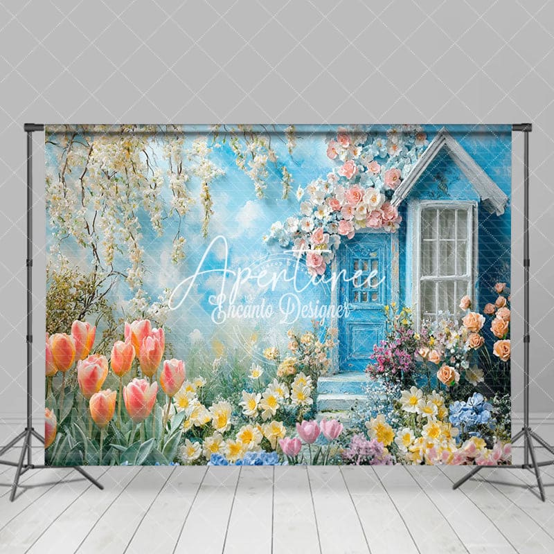 Aperturee - Aperturee Tulip Oil Painting Blue House Floral Spring Backdrop